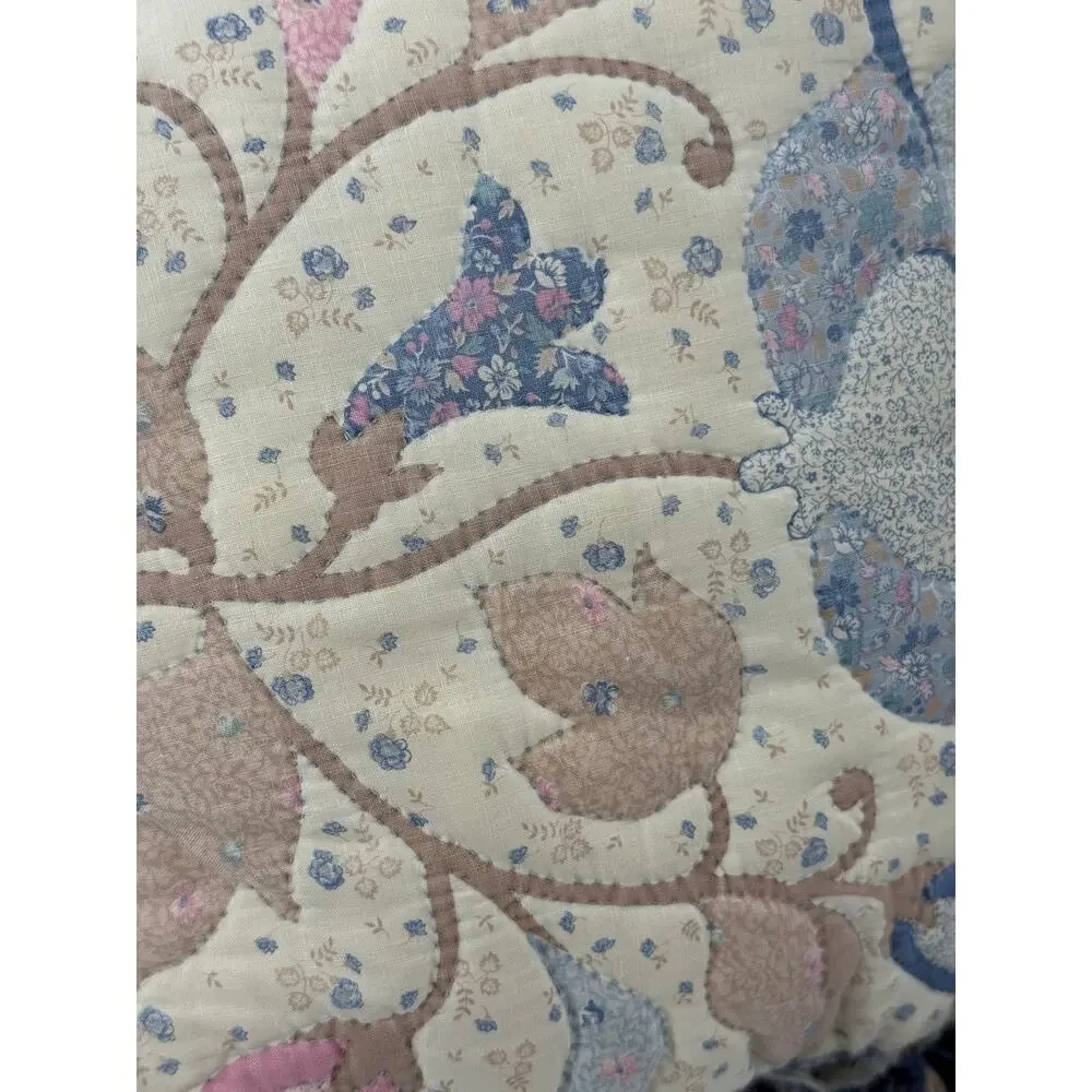 Quilted Floral Throw Pillows Pair Ruffle Lace Trim Blue Pink Cottage Vintage